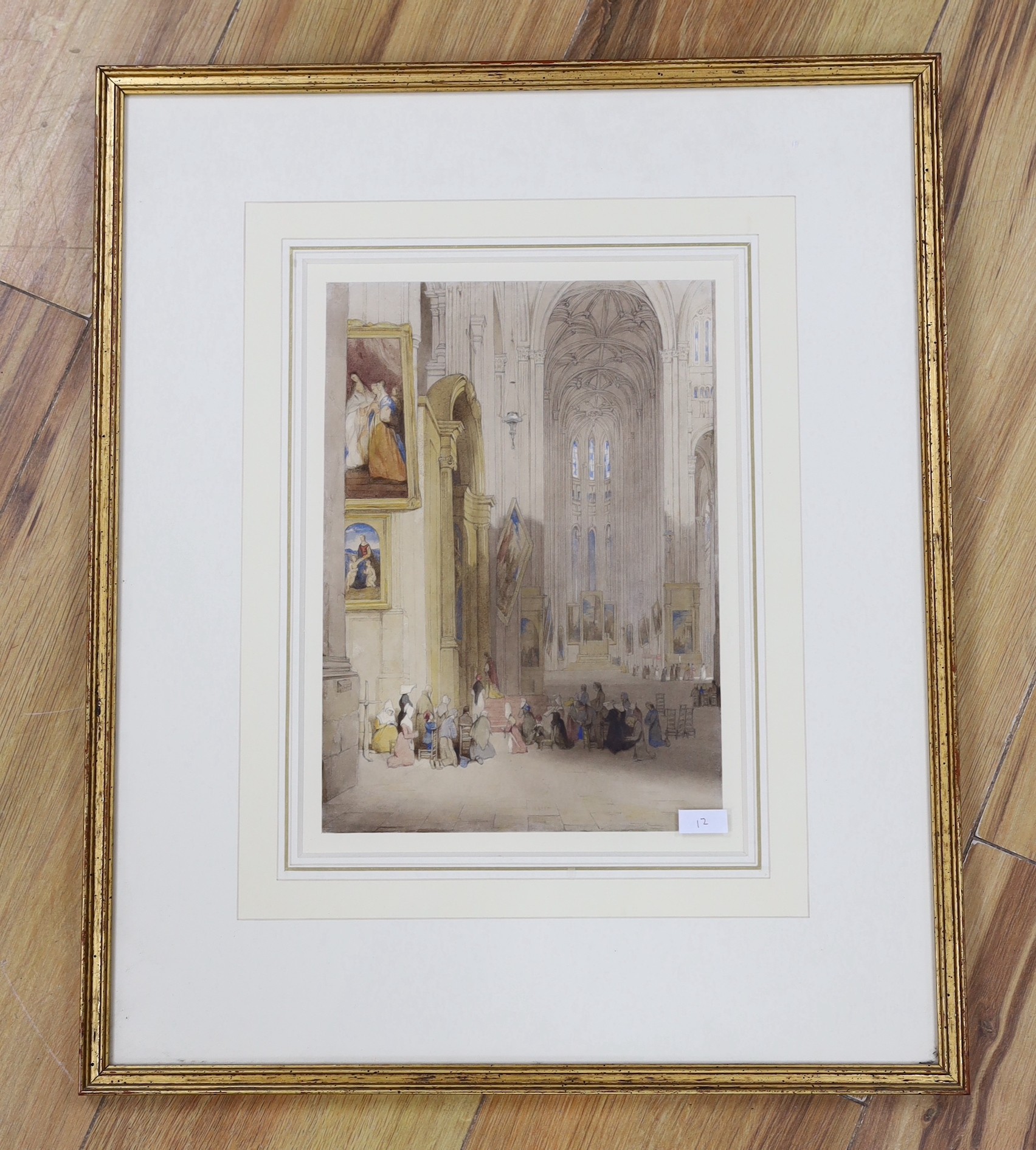 John Scarlett Davies (1804–1845), watercolour, Interior view of St Eustache, Paris, signed with initials and dated 1836, gallery label verso, 25 x 18cm